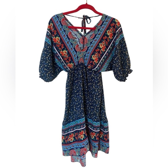 Blue Floral V-Neck Short Sleeve Dress Medium - Picture 3 of 14